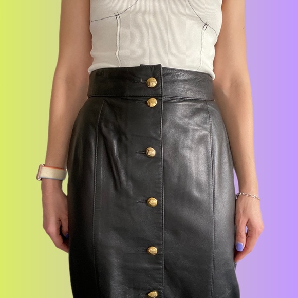 Vintage Dresses & Skirts - [VINTAGE] LEATHER BUTTON FRONT MIDI SKIRT
